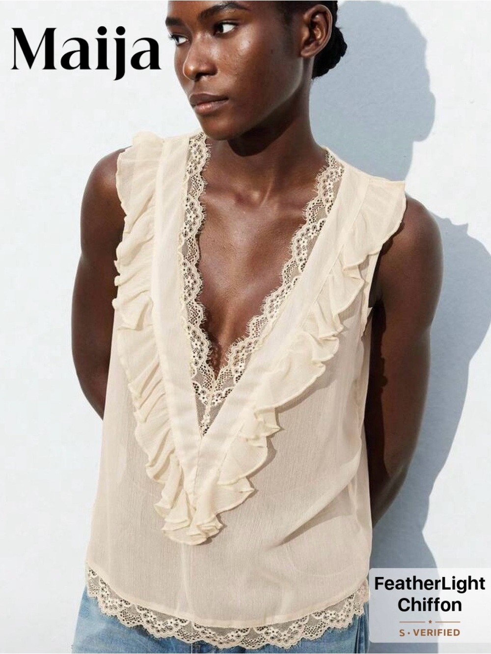 NWT Maija Cream Ruffle V-Neck Chiffon Blouse, Size Large